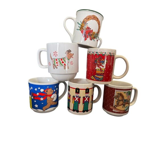 Set Of 6 Vintage Christmas Mugs Featuring Nutcracker Reindeer & Holiday Designs - Picture 1 of 11
